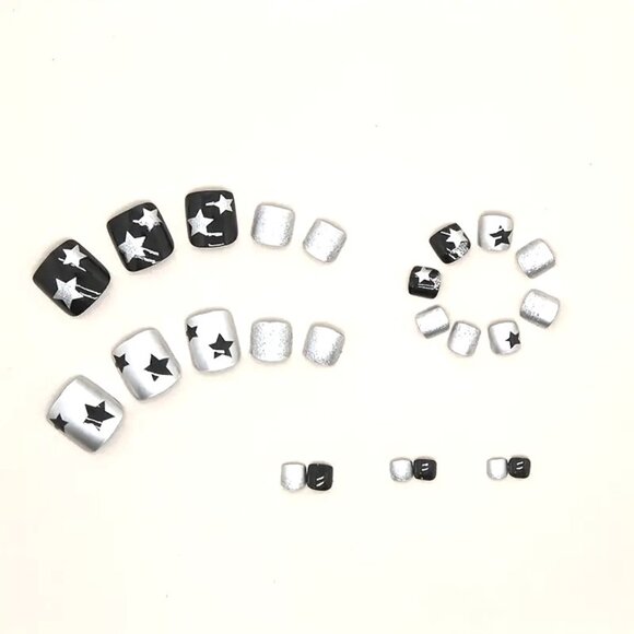 Nails Stars Fake Press On 24 Toenails Black Silver Metallic Vacation Glam Trendy - Picture 3 of 4